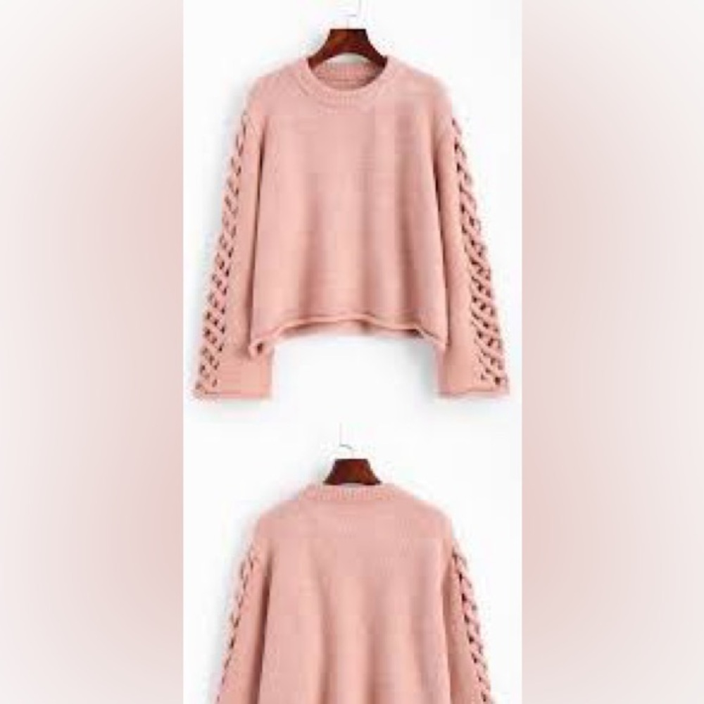 Coco+carmen acrylic blend blush pink side tie bell sleeve crew sweater…